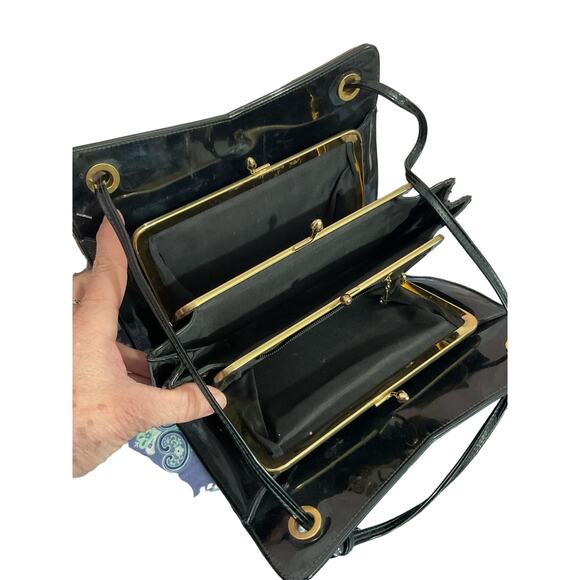 Mid Century Handbag Black Patent Double KISS Lock - Picture 4 of 11